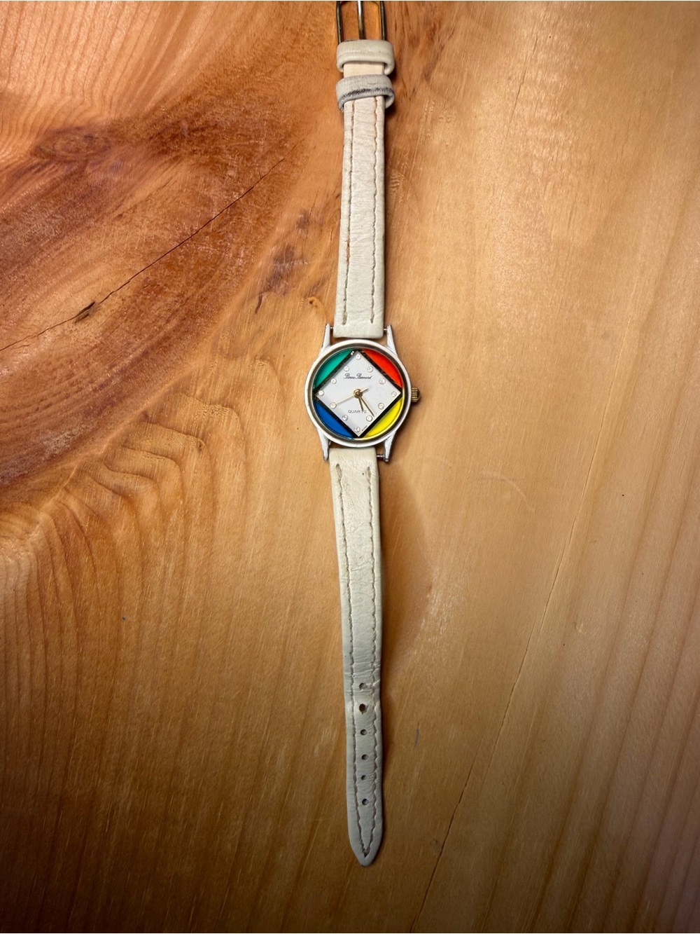 Vintage 1980s Color-Blocked Dial Cream Strap Watch